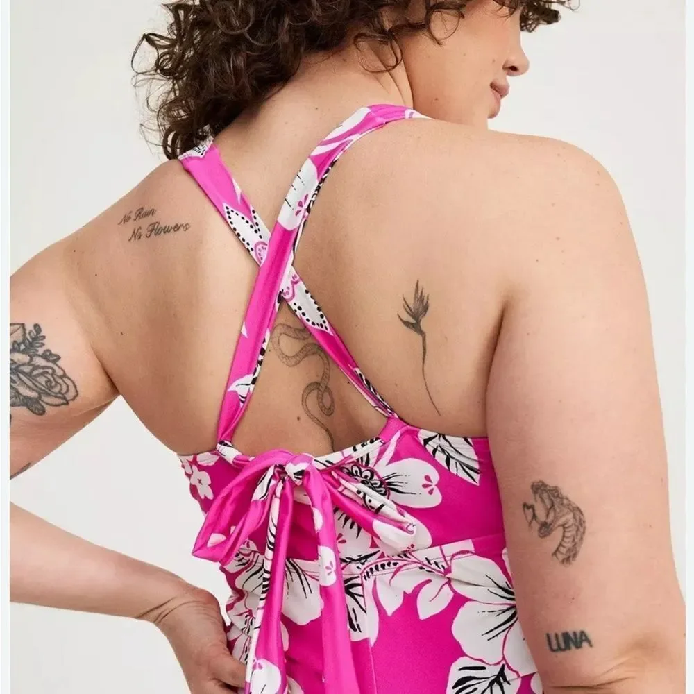 Torrid Tie Back One Piece Hot Pink Floral Gorgeous Swimsuit Torrid size 3 NWT